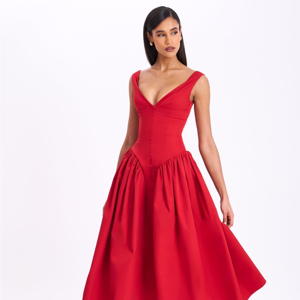 Miss Circle Nahla Red Drop Waist Midi Dress with Buttons